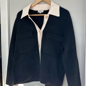 LOFT Black Cardigan Sweater with Cream Collar